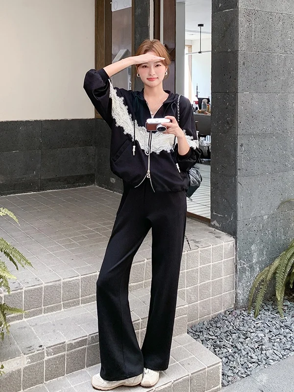 

Casual Lace Patchwork Color Block Hooded Open Cardigan Wide Leg Pants Set Women Early Spring New Style Anti Aging Ultra Popul...