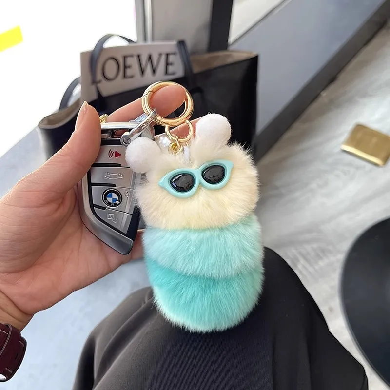 Porte-Clés en Peluche Colorée avec Lunettes de Soleil pour Femme, Pendentif Pompon Animal en Fourrure de Lapin Doux avec Porte-Clés, Sac à Main Mignon