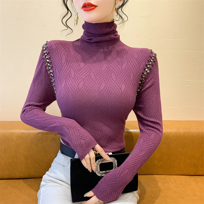 Gola alta diamante camisola de malha 2025 outono inverno manga longa pulôveres femininos topos elegante moda casual malhas