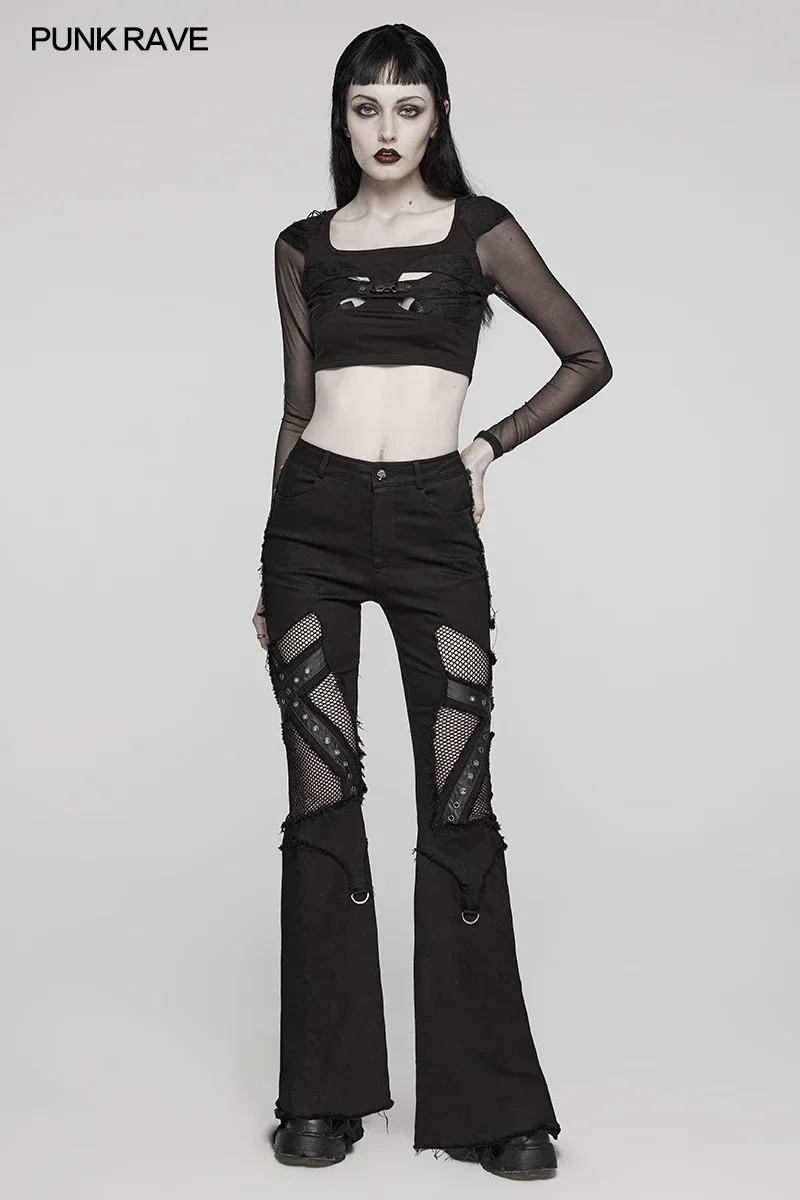 فاسق الهذيان المرأة الشرير الدنيم وشبكة الجوف عبر الثقوب السراويل القوطية اليومية النساء السراويل الربيع/الخريف