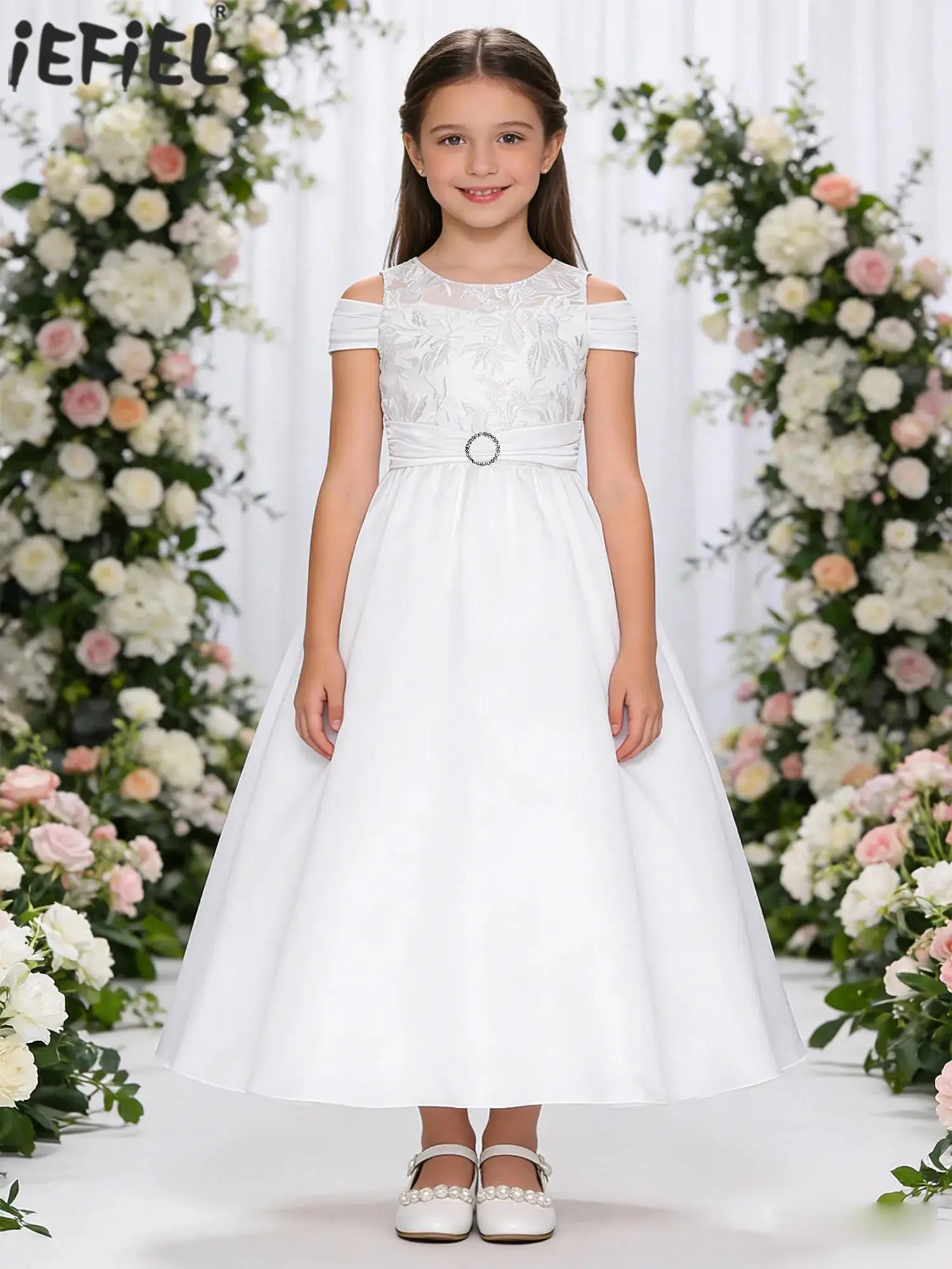 Kids Flower Girls Party Gown Cold Shoulder Embroidered Lace A-line Long Dress for Wedding Birthday Party Banquet Pageant Ball