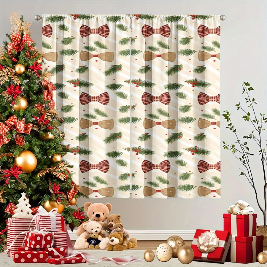 2PCS Christmas Winter Curtains, Plaid Bow Pine Berry Beige Red Green Pattern, Digital Print, Bedroom Living Room, Home Decor
