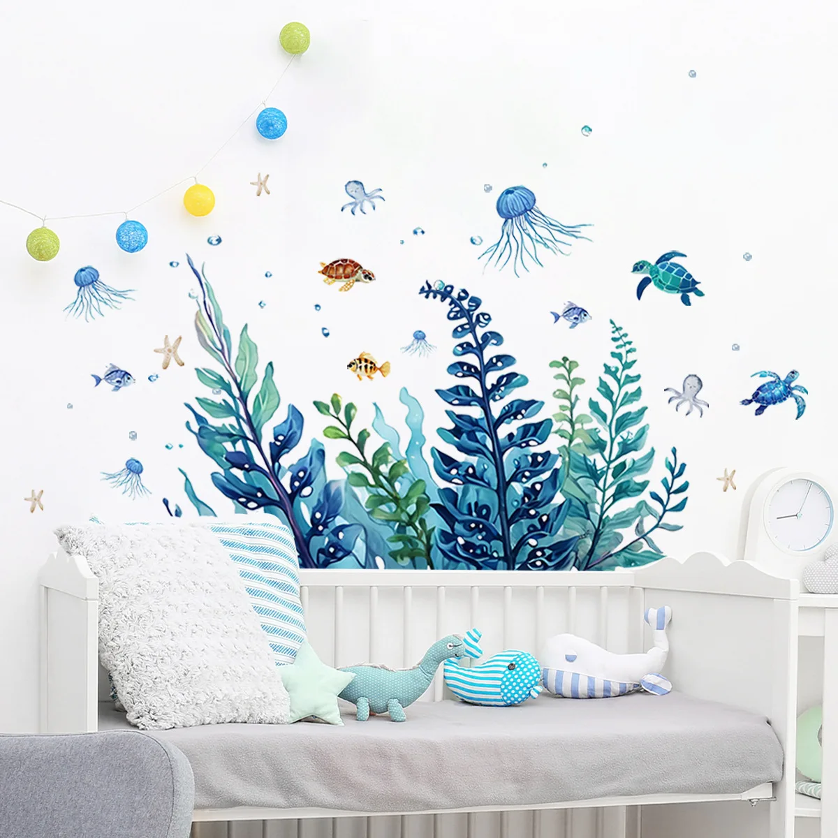 Cartoon Underwater World Wall Stickers for Kids Rooms Nursery Wall Decor Algae Jellyfish Sea Turtle Waterproof Bathroom Sticker