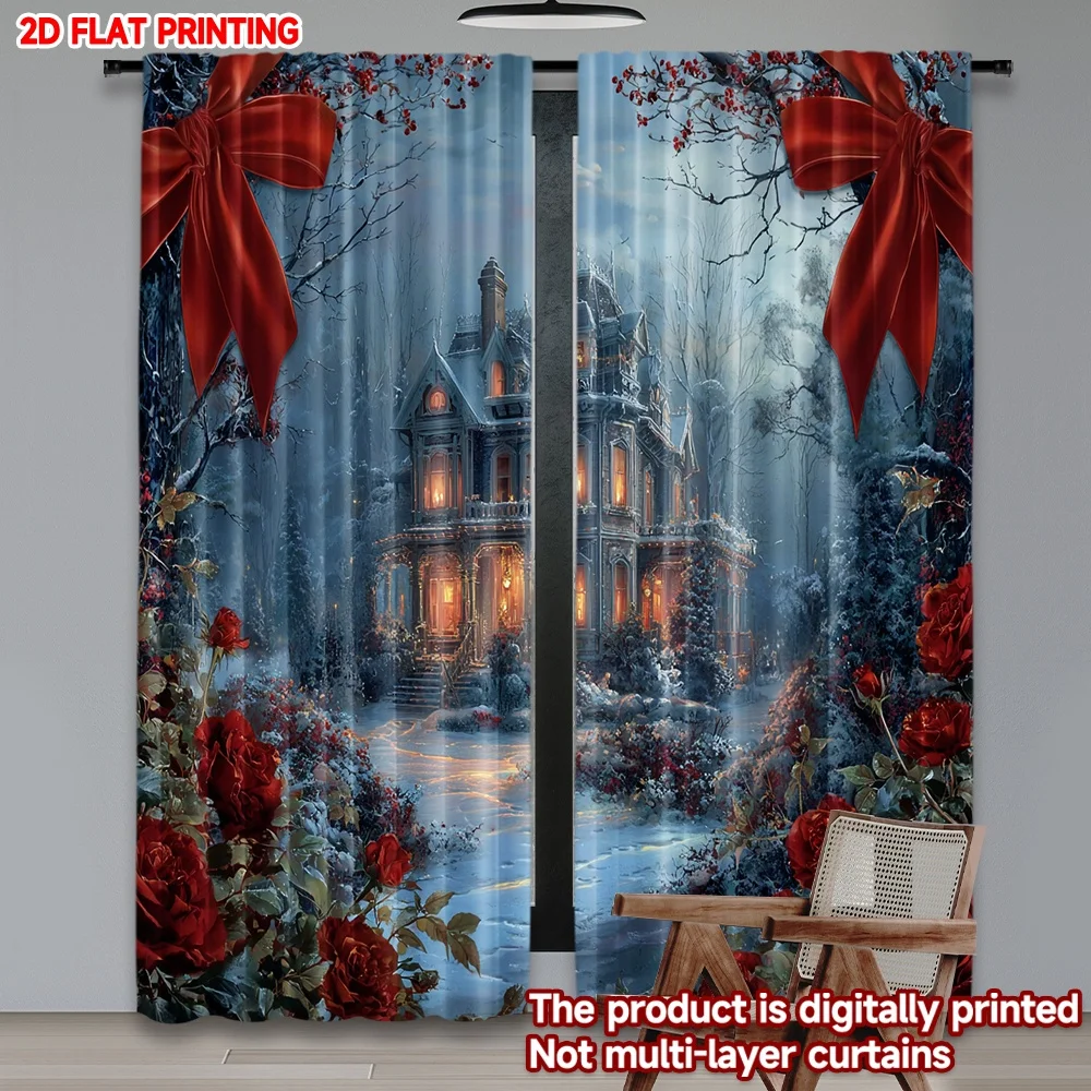 2D الطباعة المسطحة 2PCS عيد الميلاد المشهد الستائر الشتاء ليلة القلعة روز حلم الطباعة الرقمية المطبوعة البوليستر الستائر عيد ميلاد