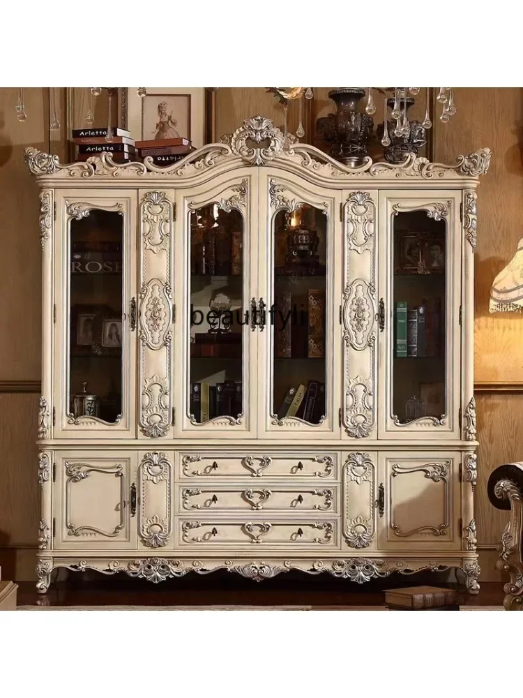 Living Room Full Solid Wood Carved European Style Large Wine Cabinet Villa Luxury Storage Display Cabinet