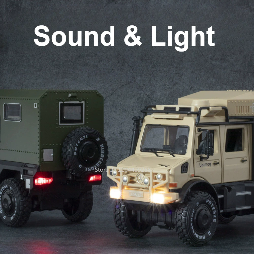 Unimog – modèle de voiture jouet Land Rover Defender, échelle 1:28, pneu en caoutchouc, alliage moulé sous pression, son léger, véhicule tout-terrain, jouet pour enfant