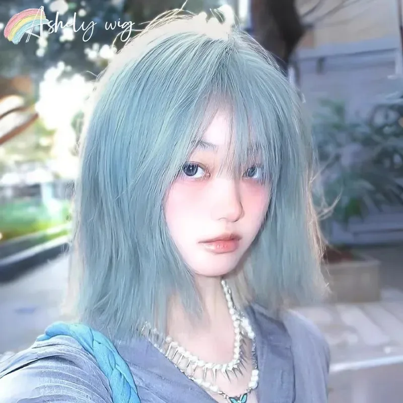 Ashely الأزرق شعر مستعار قصير الإناث الشيخوخة الصيف قسم رقيقة من بوب اليابانية الطبيعية لا أثر محاكاة الشعر شعر مستعار اصطناعي