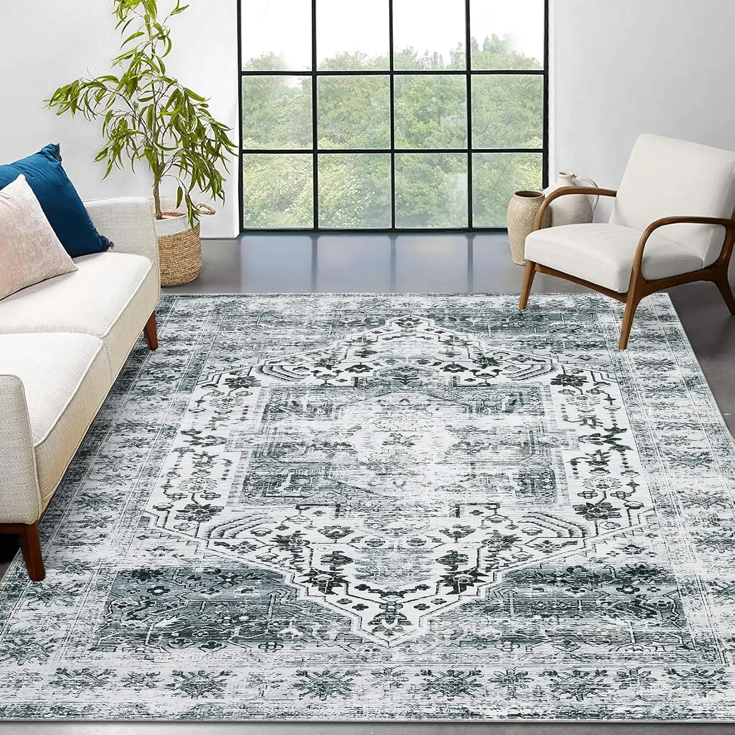 سجادة قابلة للغسل 4x6 سجادة منطقة شرقية عتيقة غير قابلة للانزلاق غير قابلة للتساقط سجادة متعثرة سجادة أرضية رفيعة منخفضة الكومة لغرفة المعيشة