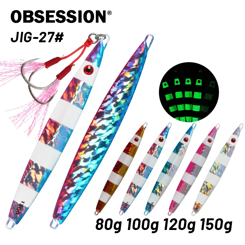 OBSESSION 80g 100g 120g 150g Metal Jigs Shore Jigging Lure Luminous Slow Sinking Fishing Lure Zebra Casting Artificial Bait Hook