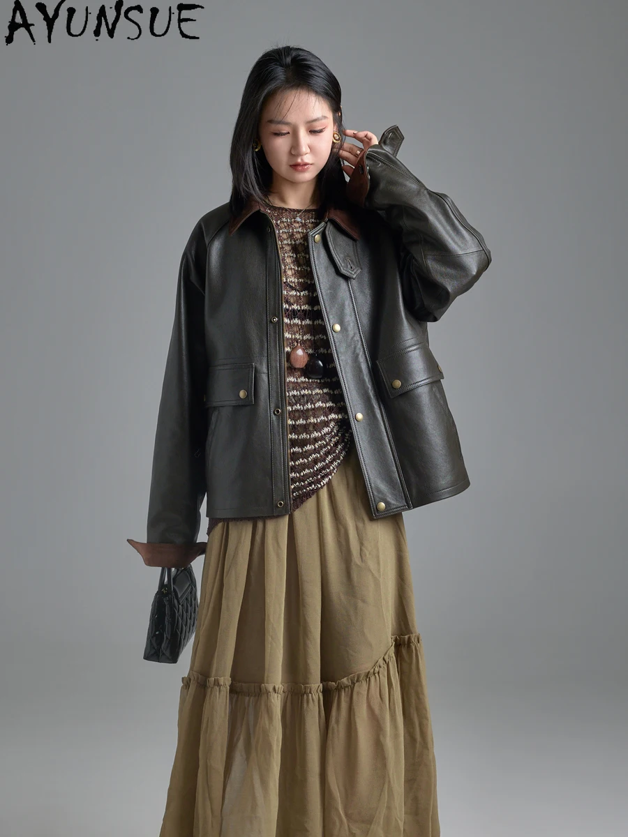 AYUNSUE Top veste en cuir véritable pour femmes 2025 manteau en peau de mouton véritable pour femmes Vintage printemps automne vêtements tout bronzage des plantes