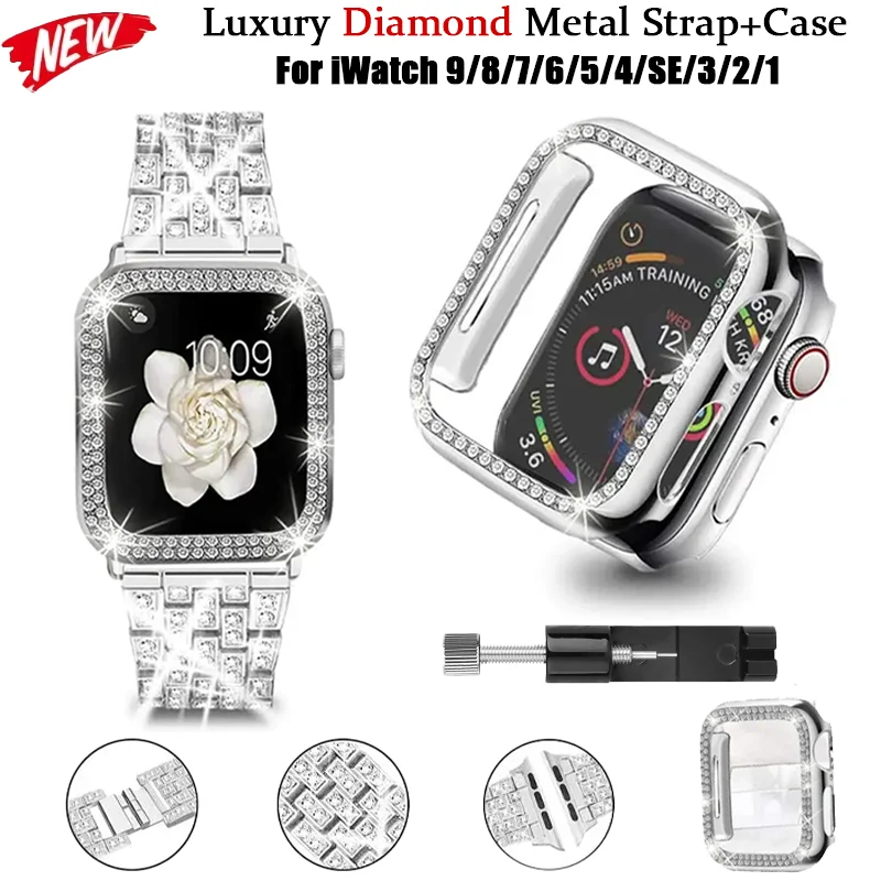 

Luxury Diamond Strap+Case For Apple Watch 9 8 7 45mm 41mm Women Metal Bracelet Wristband For iWatch 6 5 4 3 SE 44 mm 40mm Correa