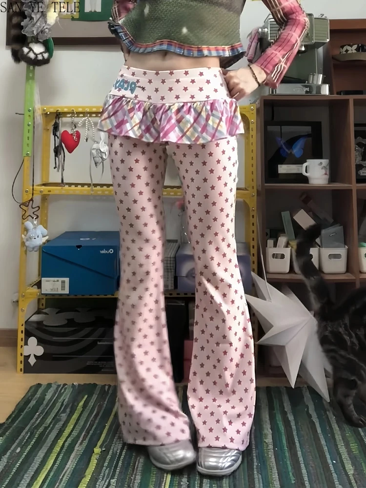 Spodnie w stylu college, urocze, Y2K, długie, damskie, jesienno-zimowe, imitacja dwóch części, spodnie z niskim stanem i rozszerzaną spódnicą, moda Kpop z lat 2000, gyaru.