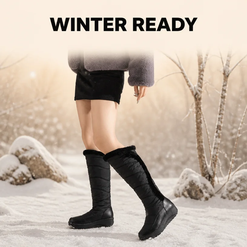 Fashion Snow Boots Round Toe 4cm Wedge Heel Slip On Waterproof Outdoor Knee High Bota Large Size 42 43
