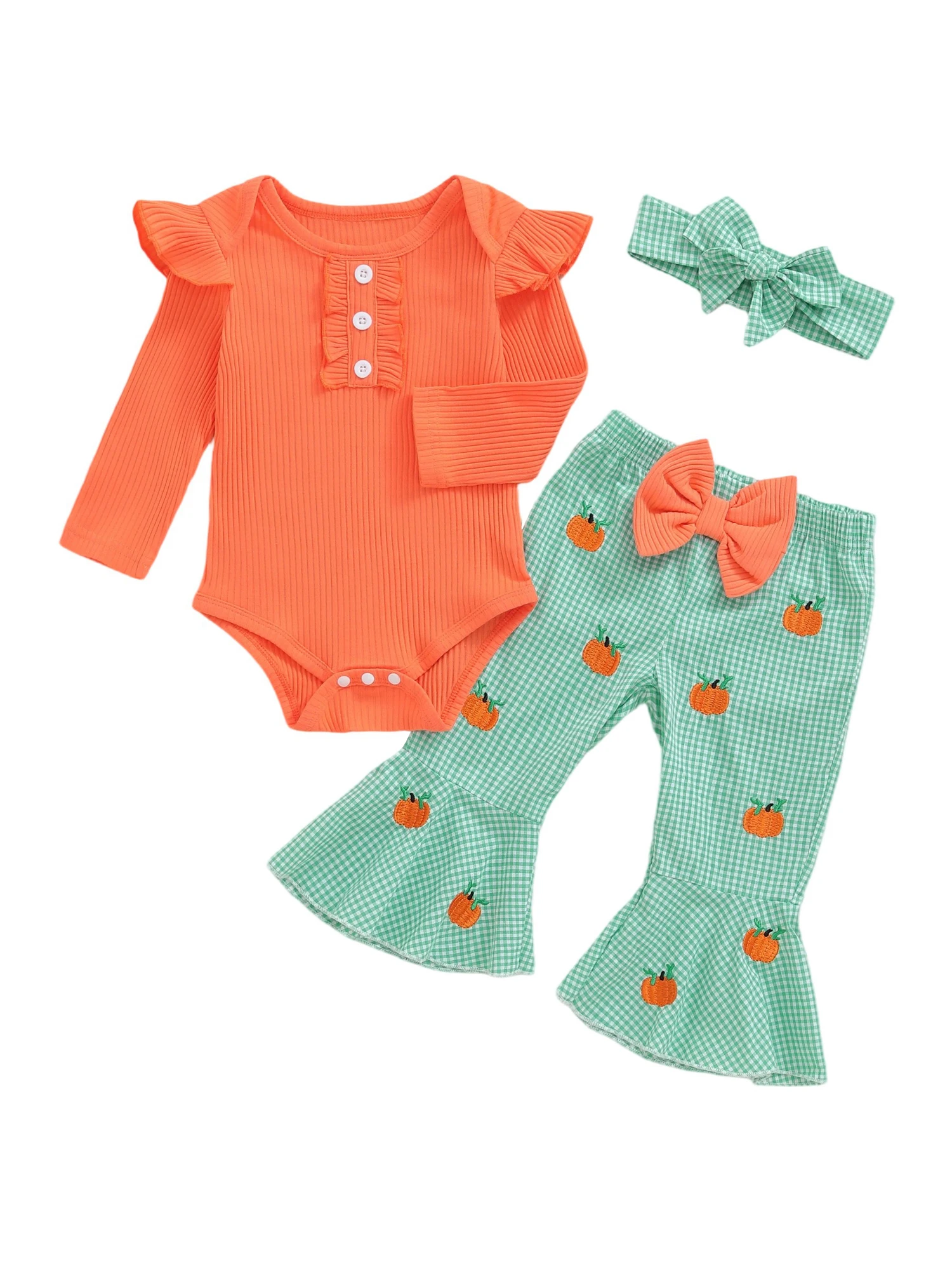 유아 소녀 가을 의류 세트 긴 소매 프릴 롬퍼 호박 자수 바지 및 어울리는 머리띠 - 신생아