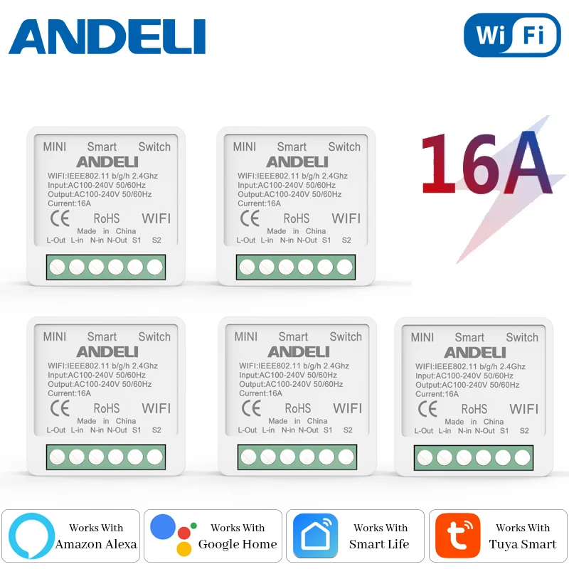 ANDELI-DIY WiFi 미니 스마트 조명 스위치, 16A 양방향 제어 Tuya/Smartlife APP 원격 제어 Alexa Google 홈 오토메이션 