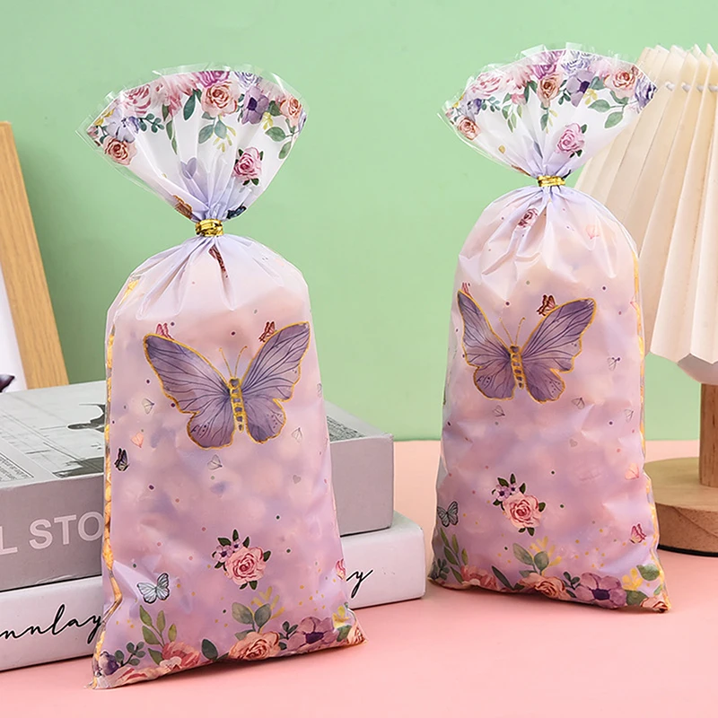 50Pcs Cartoon Purple Butterfly Candy Bags With Twist Tie Baby Girls Gift Packaging Bag Kids Birthday Party Decor Goody Bags