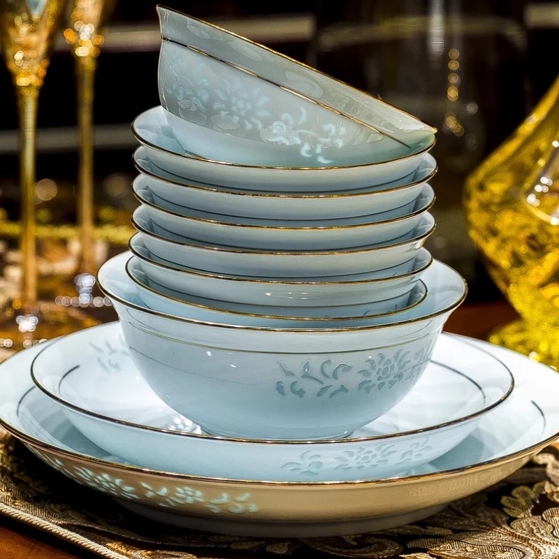 Underglaze Colour Dinnerware Set Celadon Linglong Porcelain Bowl Plate Dinnerware Set Household Bone China Tableware Set Gift