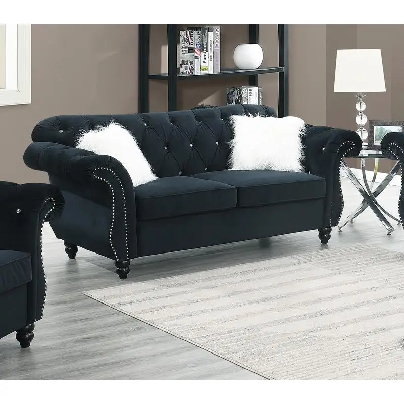 Formal Luxe 1pc Black Velvet Loveseat with Cushions for Living Room, Stylish 2-Seat Couch Furniture