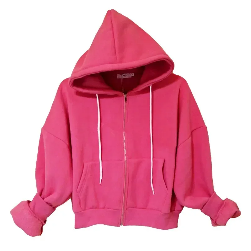 Women Autumn Winter Jackets Thick Hooded Hoodies Zipper Coats Full Sleeve Y2k Coats Short Cardigan Coat High Waist Casual Loose