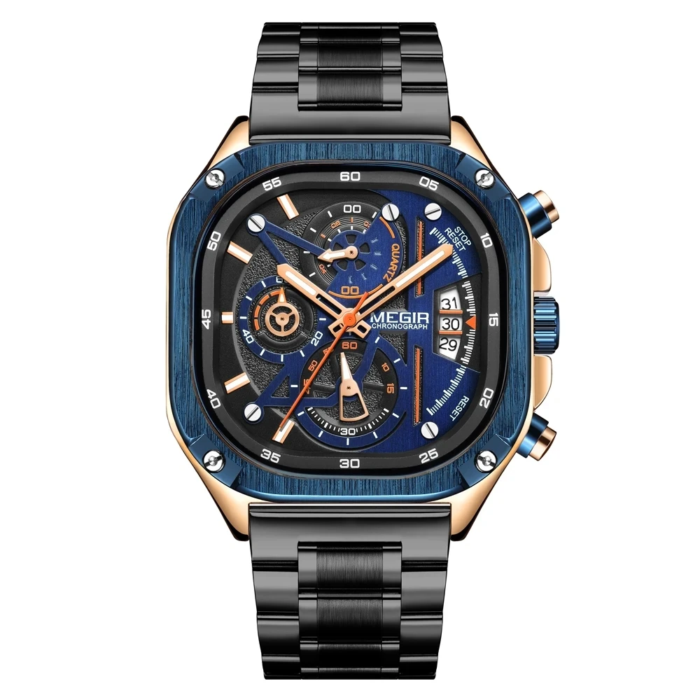 MEGIR Square Dial Chronograph Quartz Watches for Men Fashion Sports Male Wristwatch Stainless Steel Strap with Luminous Hands