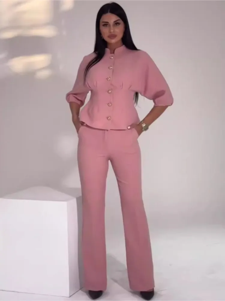 

Fashion Woman's Two-piece Set Pink Long Sleeves Single-row Buckle Tops Wide-leg Pants Suit Lady Spring Autumn Loose Outfit