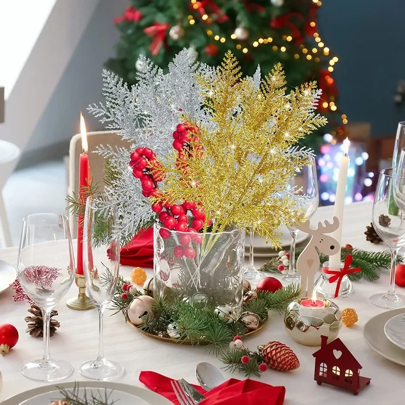 30/5Pcs Christmas Glitter Gold Silver Leaves Xmas Tree Decoration Pendant Artificial Plants Pine Branches Home New Year Ornament image 3