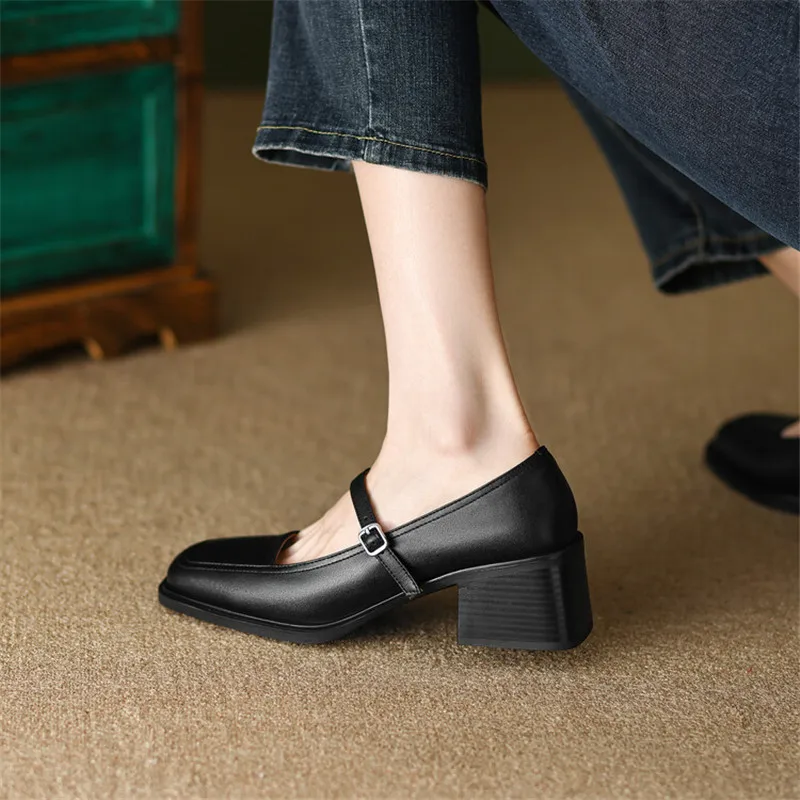 2023 New Cow Leather Mary Janes Shoes Casual Buckle Strap Square Toe Spring Shallow Women Shoes Handmade High Heels Women Pumps