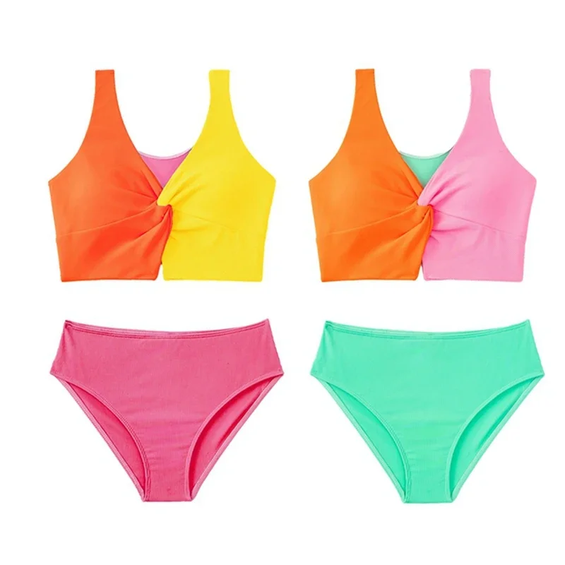 4-12 Years Children's Swimwear Cut Out Teens Patchwork Bathing Suits Children Girls 2pcs Beach Swimsuit