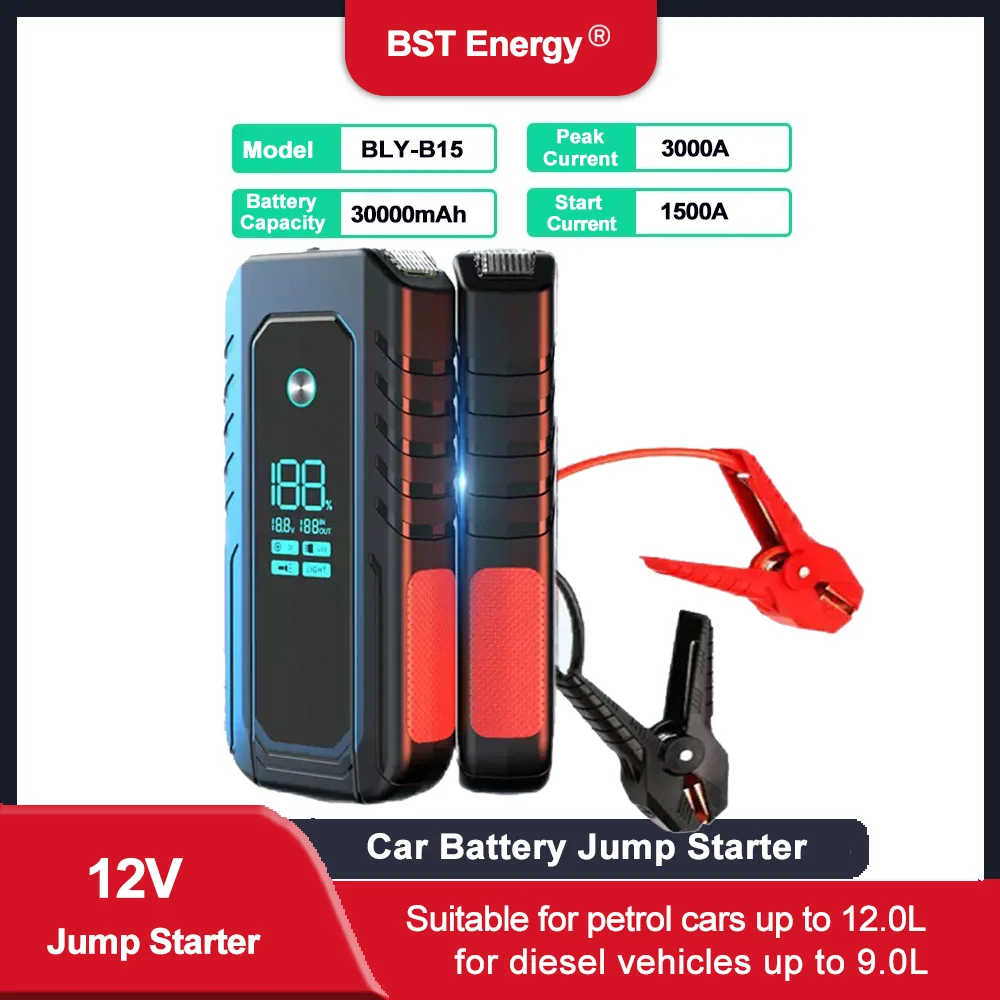 Portable Car Jump Starter 3000A Peak 2000A 1600A 1000A 12V with PD140W USB Lights - Powerful Battery Pack for Vehicle Starting