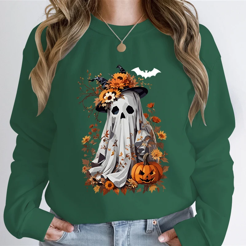 Watercolor Pumpkin Spooky Ghost Print Sweatshirt Hoodie Women Vintage Flower Autumn Leaves Sweatshirts Halloween Ghost Hoodies