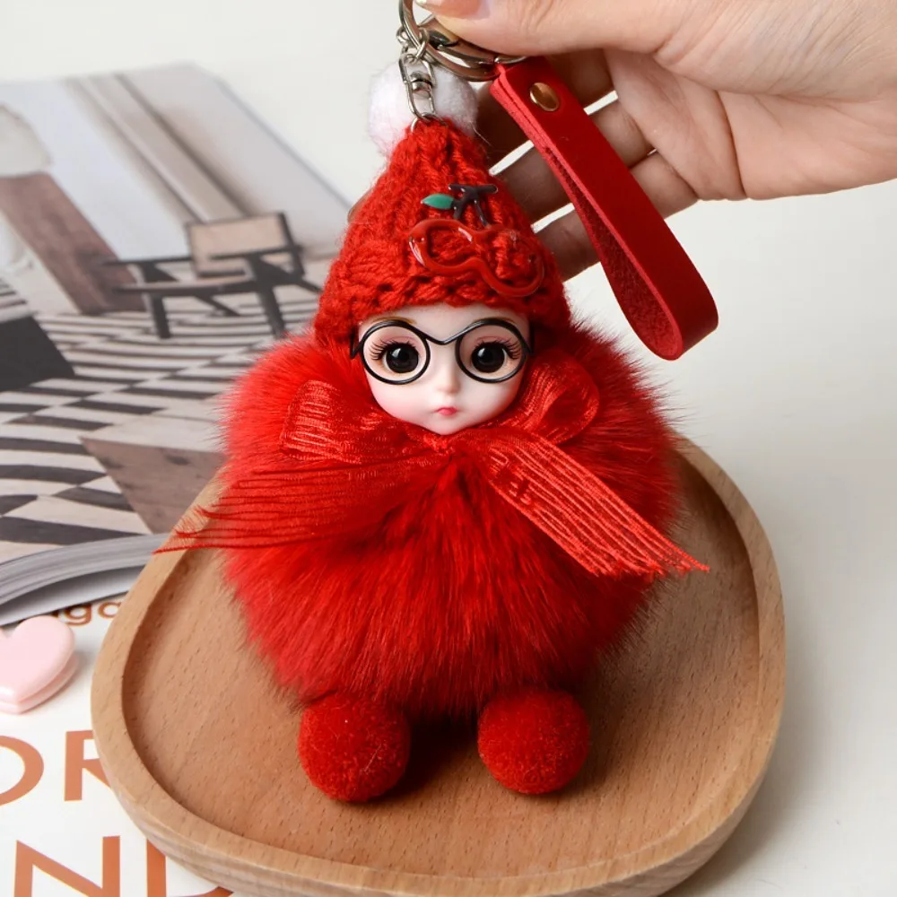 Eye Glass Doll Cute Pompom Keychain Car Key Ring Real Fur Ball Pompom Doll Brelok do kluczy Fluffy Cherry Baby Doll Ball Key Chain