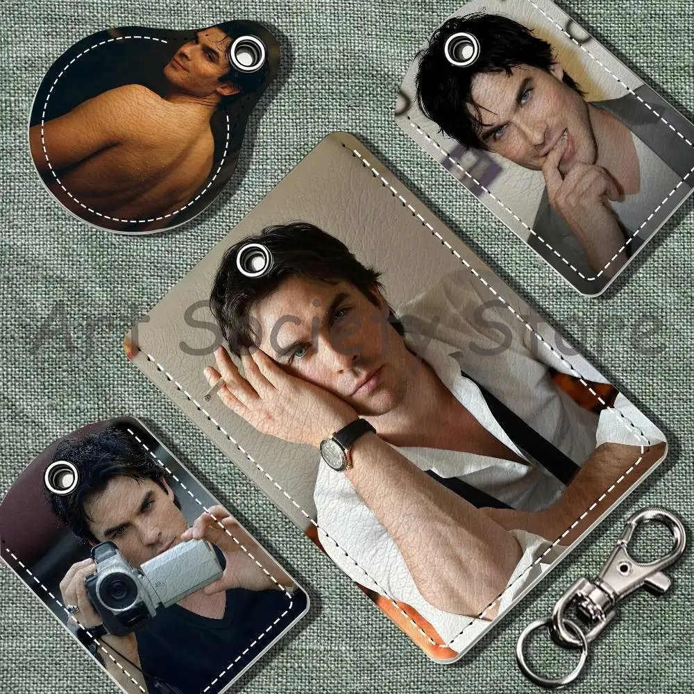 Pookie Damon S-Salvatore Ian S-Somerhalder Leather Card Holder Keychain Door Lock Access Tag ID Access Card Air Tag Case Card