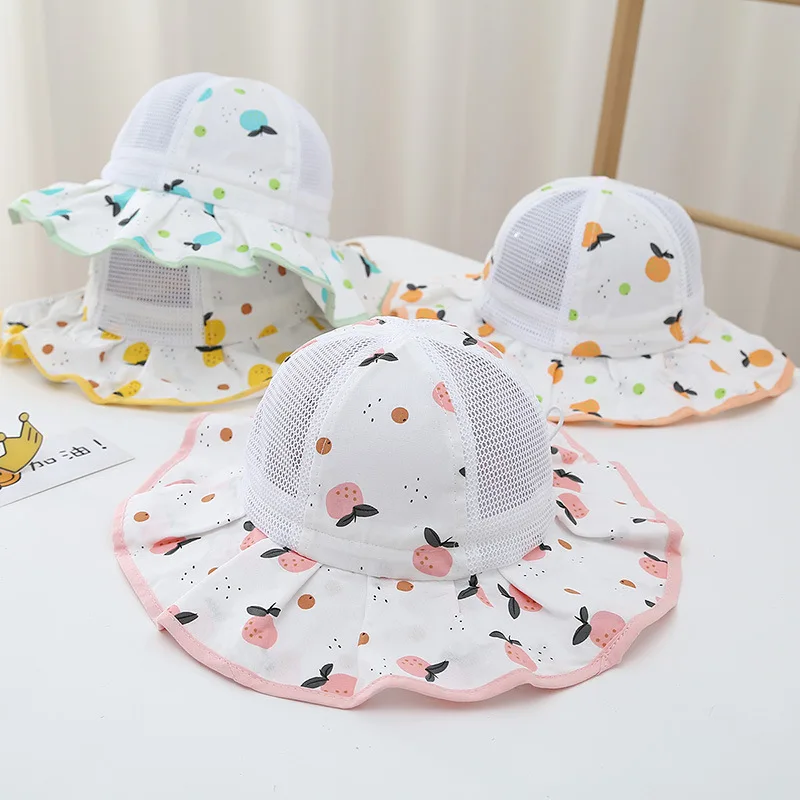 2024 Summer Outdoor Mesh Sun Hat for Girls UV Protection Breathable Bucket Cap With Print Kids Headwear Accessories 1-3Y