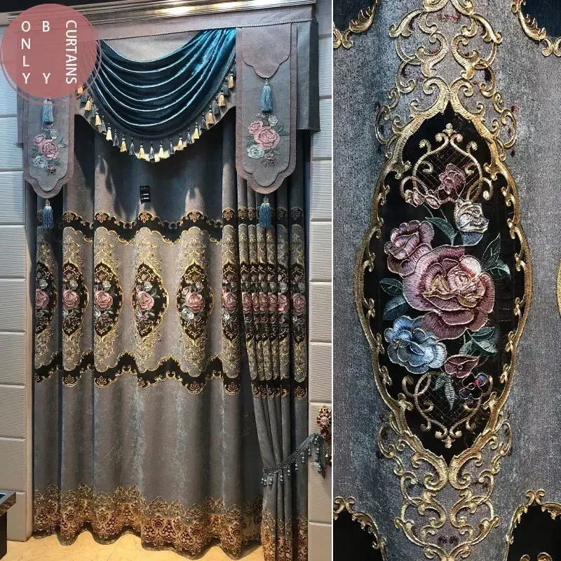 High Grade Blackout Gray Blue Embroidered Chenille Curtains for Living Room Bedroom Embroidered Tulle Custom Valance Villa