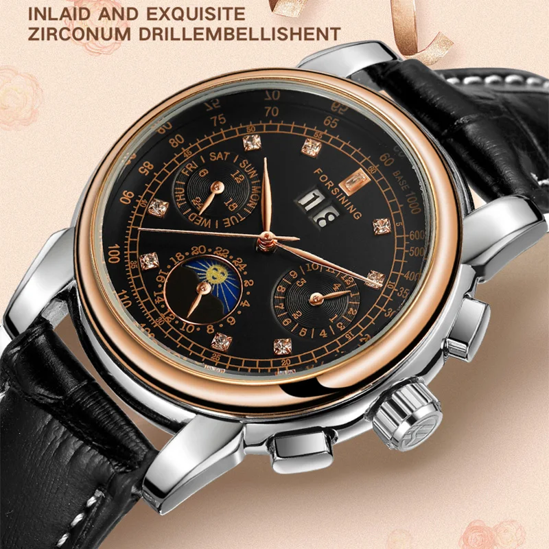 2024FORSINING Women Automatic Mechanical Fashion Luxury Wrist Watches Ladies Diamond Moon Phase Multifunctional Relogio Feminino