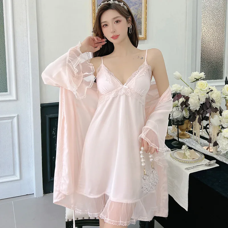 Pink Female Twinset Robe Set Sexy Mbroidery Lace Kimono Bathrobe Nightdress Spring Summer Casual Silk Satin Sleepwear Home Dress