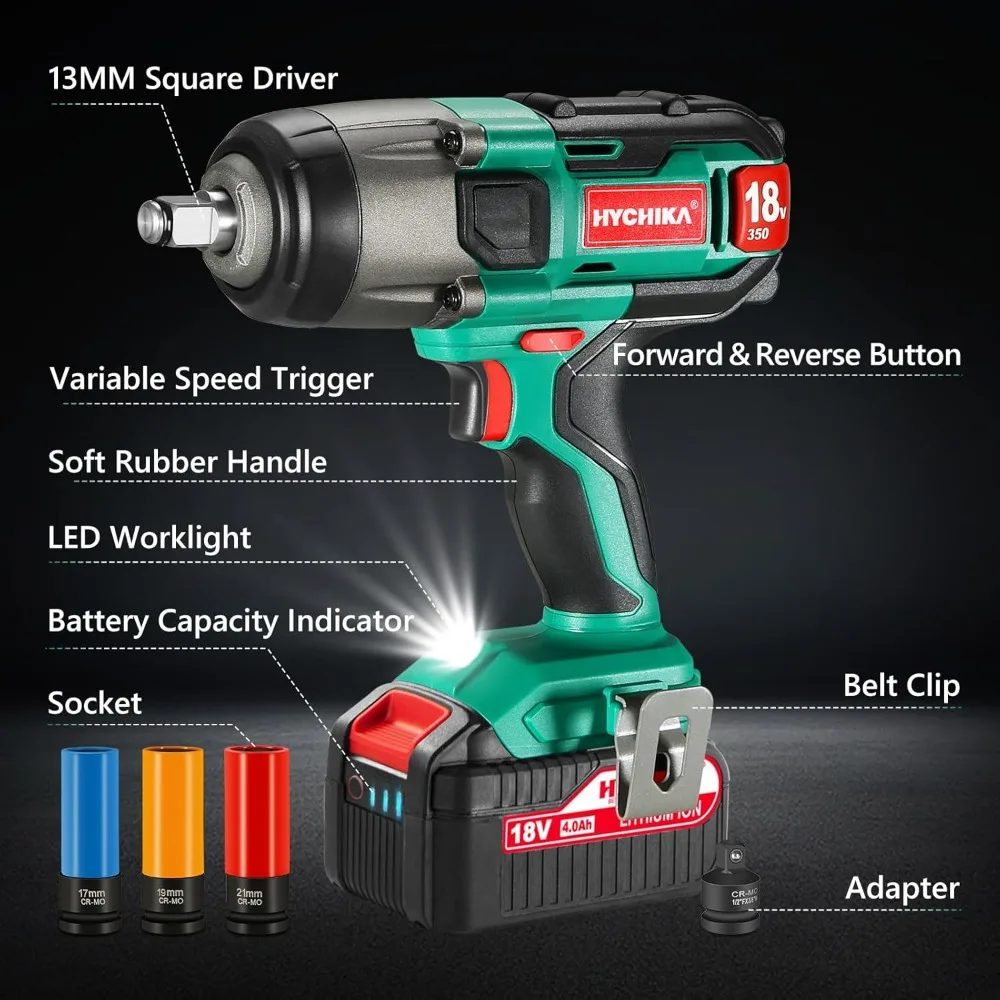 Obeng Impack Tanpa Kabel 18V, Driver Torsi Tinggi 1/2 Inci dengan Daya 350 N.m, Termasuk Baterai dan Soket untuk Pekerjaan Ban dan Baut