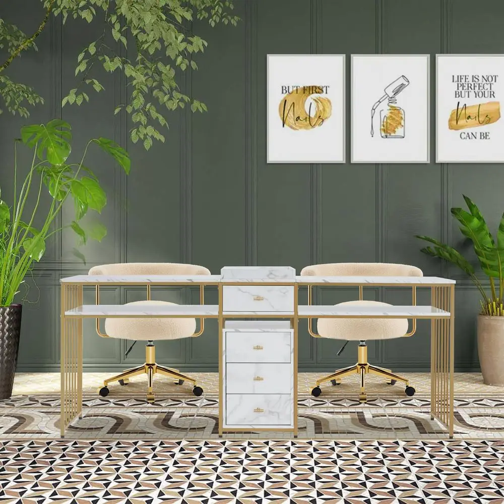 

Acetone Resistant Nail Table with Metal Frame, Double Manicure Desk for Nail Tech, Manicure Salon Storage Beauty Station 2456