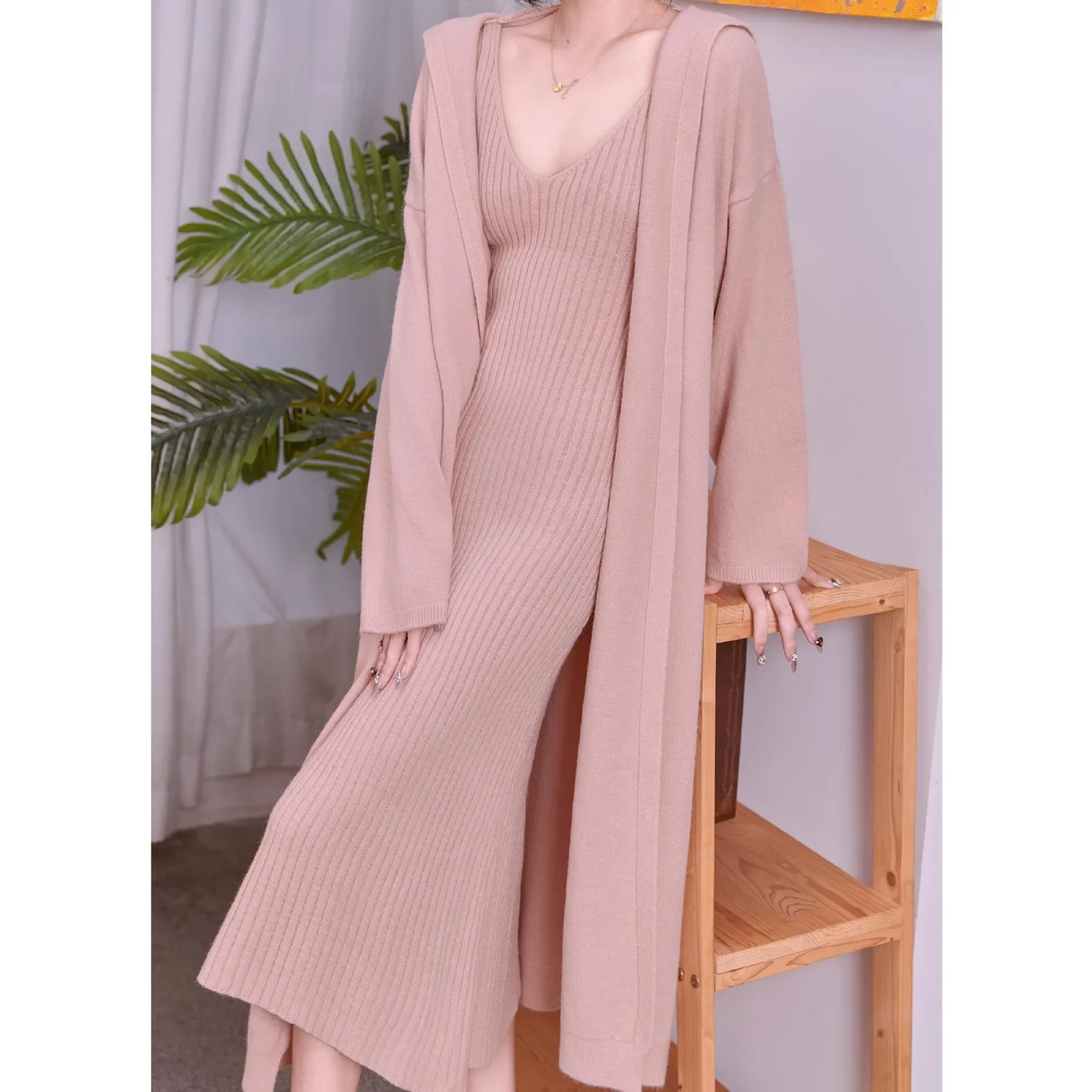 Sweaters Women Set Autumn and Winter Clothes Solid Long Casual Fashion Loose Hooded Knit Cardigan and Slip Dress Two-piece Set