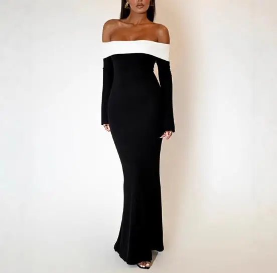 

Winter New Women's Fashionable Contrasting Color One Shoulder Slim Fit Long Sleeved Dress with Wrapped Buttocks and Fish Tail