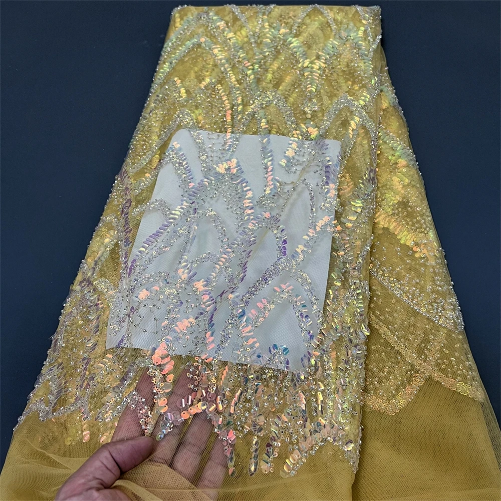 

2024 High Quality Embroidery African Nigerian With Sequins Tulle Lace Fabric Sewing Net Cloth Prom Dresses Beads 5Yards JL289