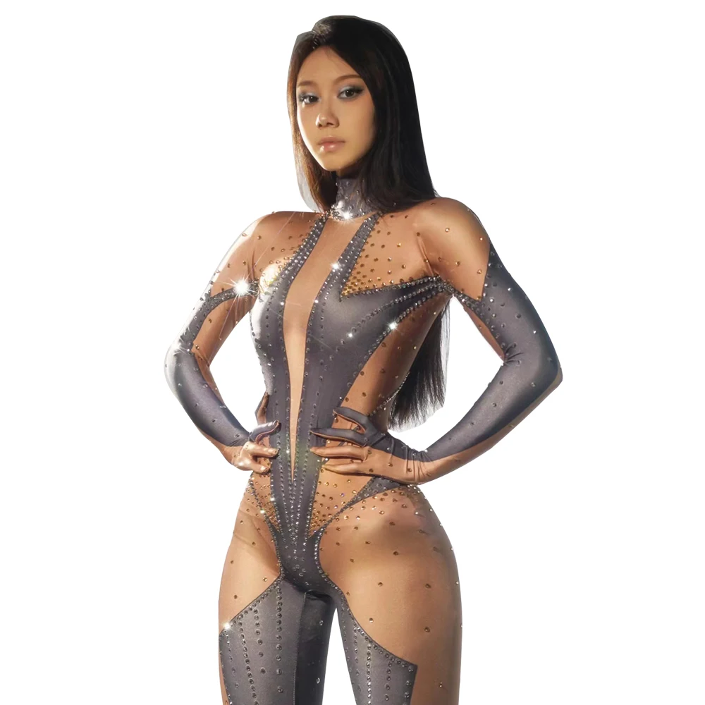 Sparkly Rhinestones Jumpsuit with Gloves Pole Dancing Costume Dancer Performance Show Stage Wear Nightclub Dance Activity Outfit