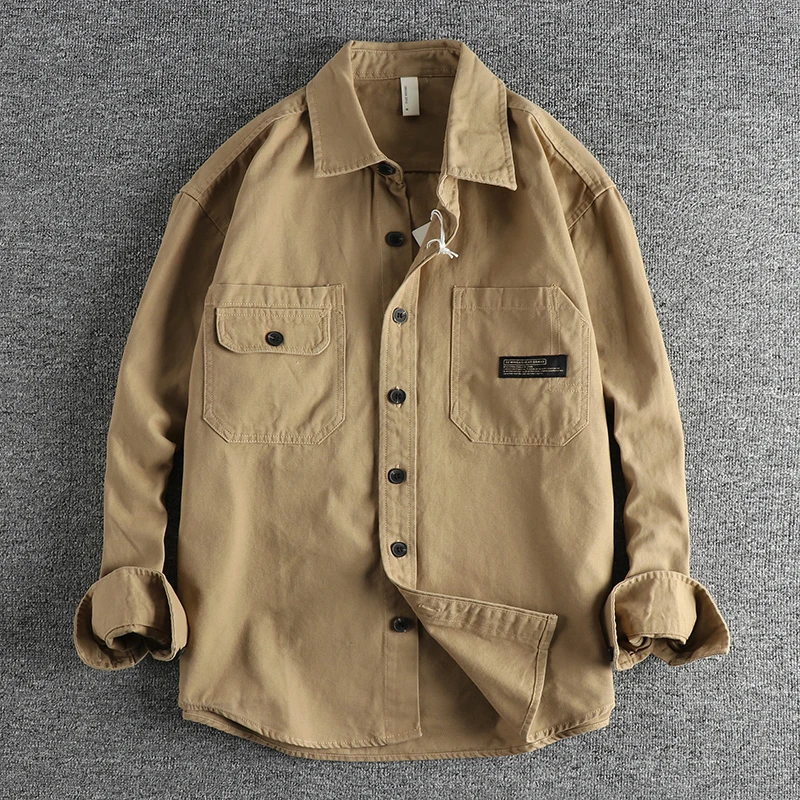 

Осенняя новая американская ретро тканая рубашка-карго с длинными рукавами и лацканами, мужская Amekaji, 100% хлопок, потертое повседневное тонкое пальто с двойным карманом