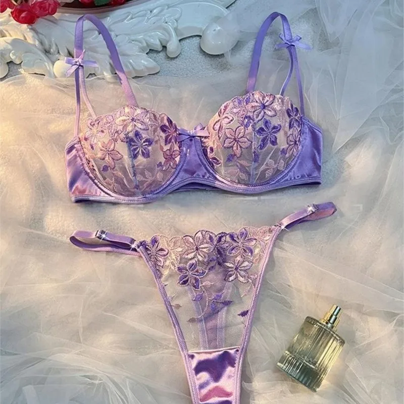 

Sexy Lingerie Set Women Floral Lace Push Up Bra with Full Coverage Transparent Underwear for Erotic Support