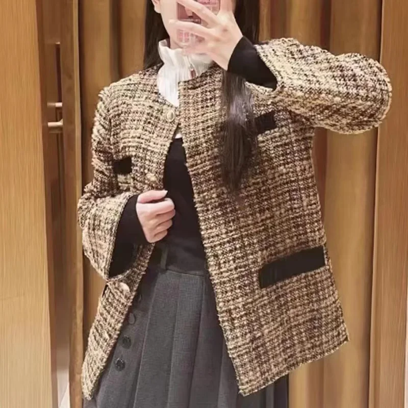 

Women's Plaid Tweed Jacket Color Contrast Round Neck Long Sleeve Single Breasted Elegant Spring 2024 Coat