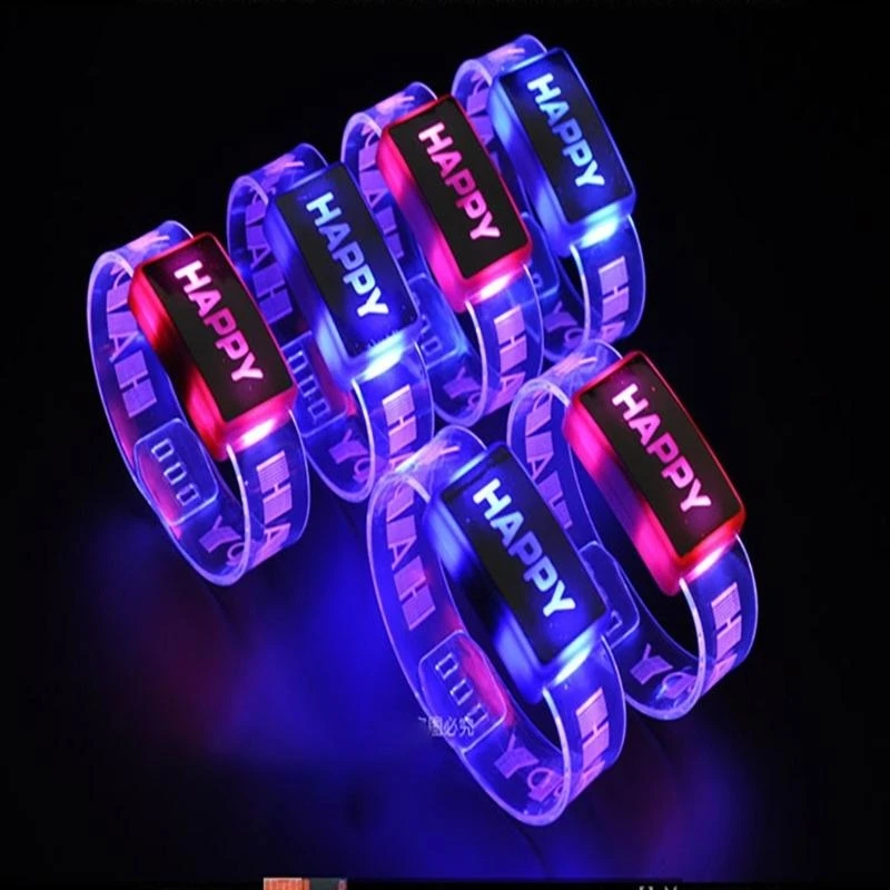 

090B Plastic Bracelets Party Favor with HAPPY Letter Pattern Glowing Design Retro Slap Wrist Bands for Kids Christmas Gift