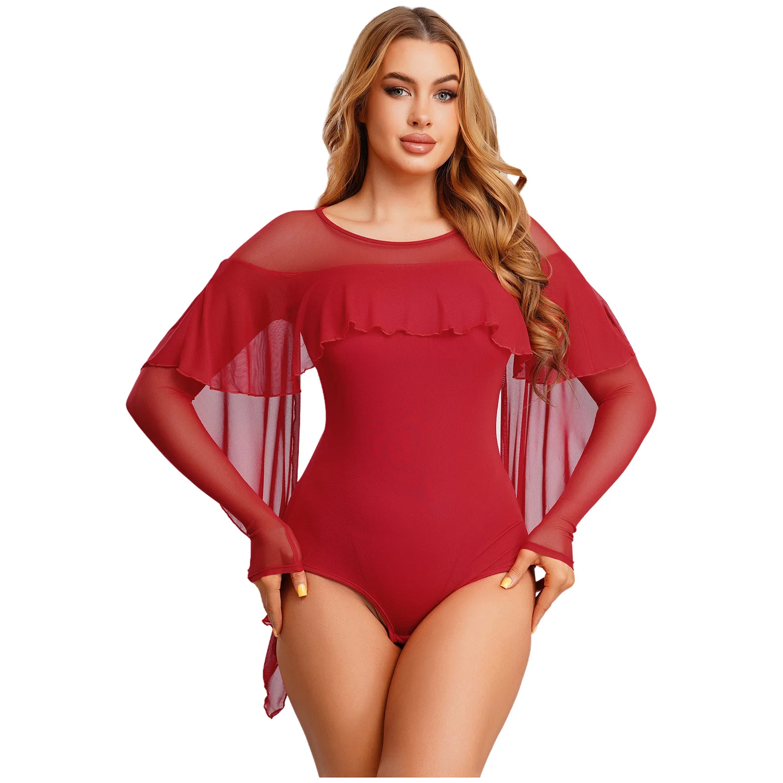 

Womens Elegant Rumba Salsa Latin Dance Bodysuit Contemporary Modern Dance Outfit Long Sleeve Openable Crotch Leotard Dancewear