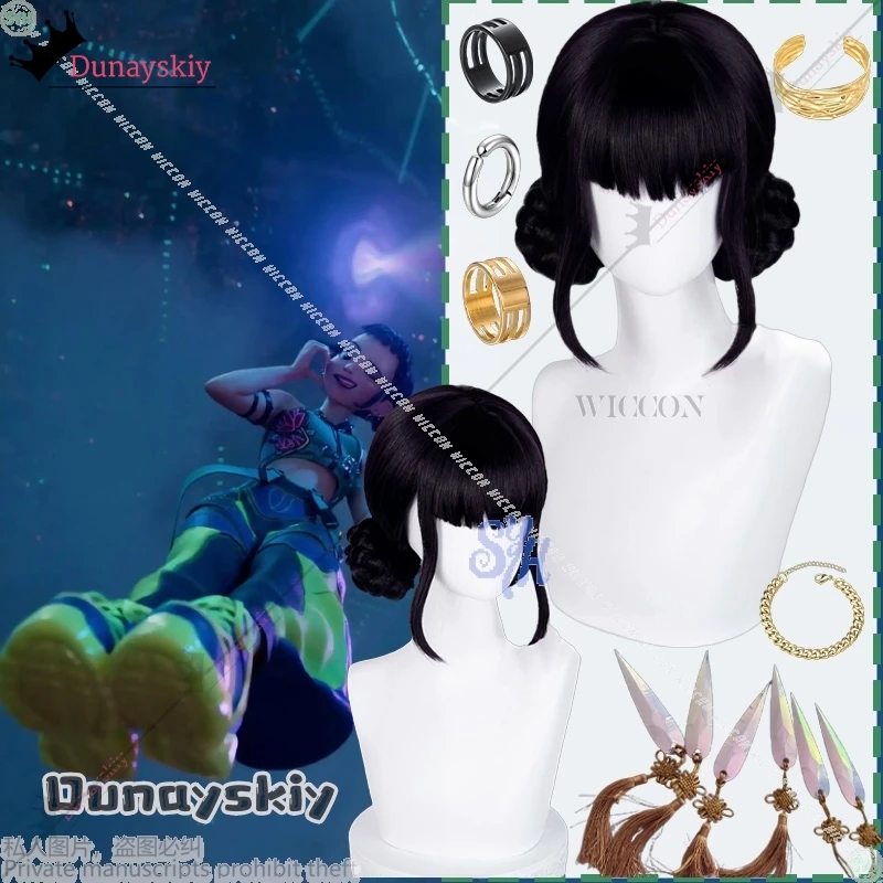 

Anime Kpop Demon Korea Girl Group Cosplay Zoey Black Wig Idol Jirai Kei Girls Props Earring Rings Halloween Party Disguise Prop