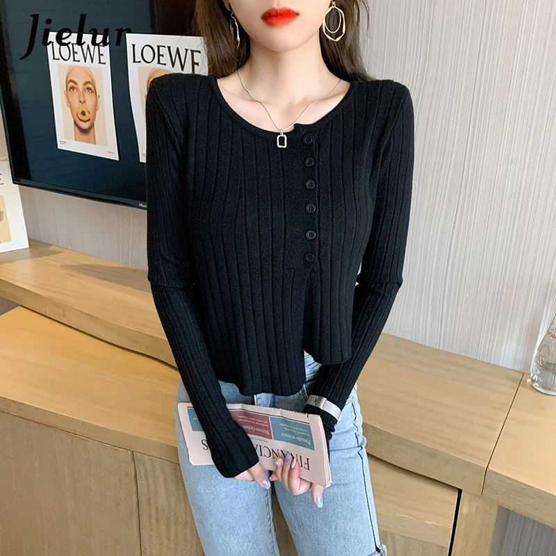 Autumn New Korean Style Cropped Knitwear 4 Colors Slim Women Cardigan Black White Irregular Hem Knitted Sweater Lady Tops