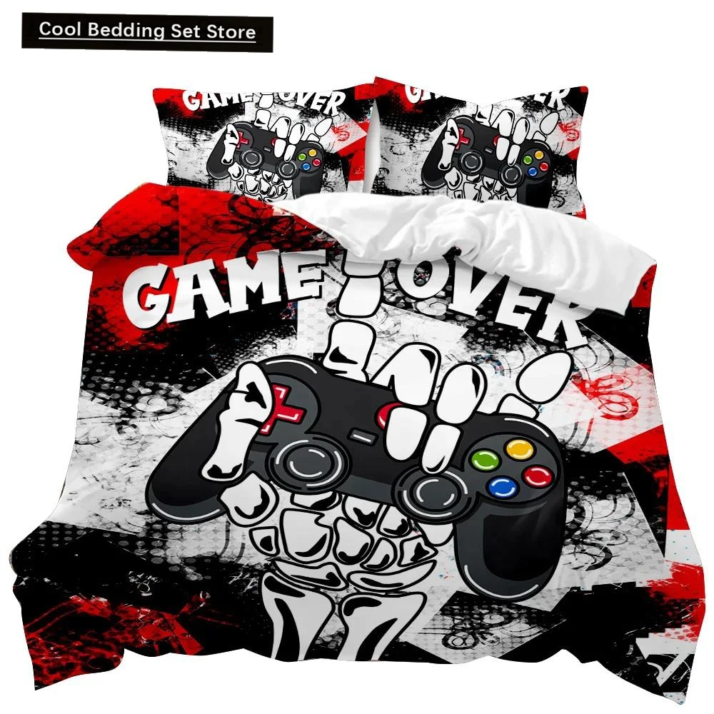 Gaming Duvet Cover Set Sugar Skull Gamer Bedding Spider Web Halloween Polyester Duvet Cover Kids Juvenile Hand Skeleton Gamepad